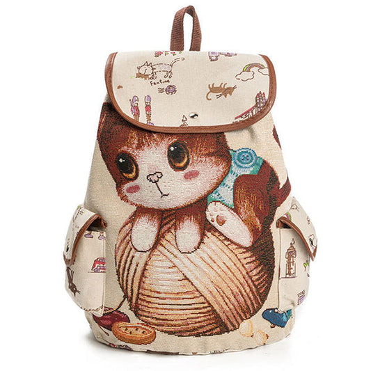 Children’s Cartoon Cat Canvas Backpack – Drawstring School Bag with Flap Closure and Side Pockets