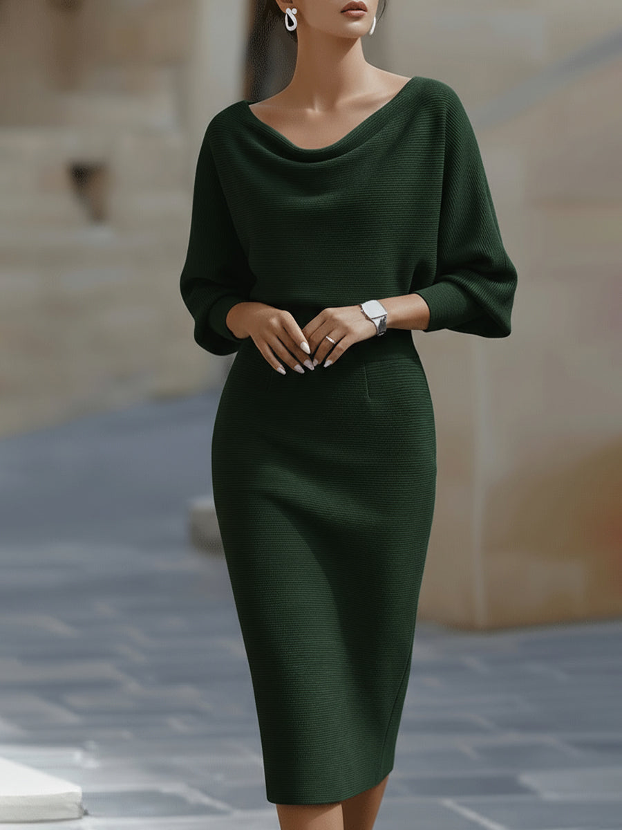 Women’s Bodycon Midi Dress – Draped Neckline Batwing Sleeve Style for Elegant Events