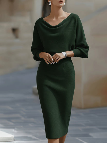Women’s Bodycon Midi Dress – Draped Neckline Batwing Sleeve Style for Elegant Events