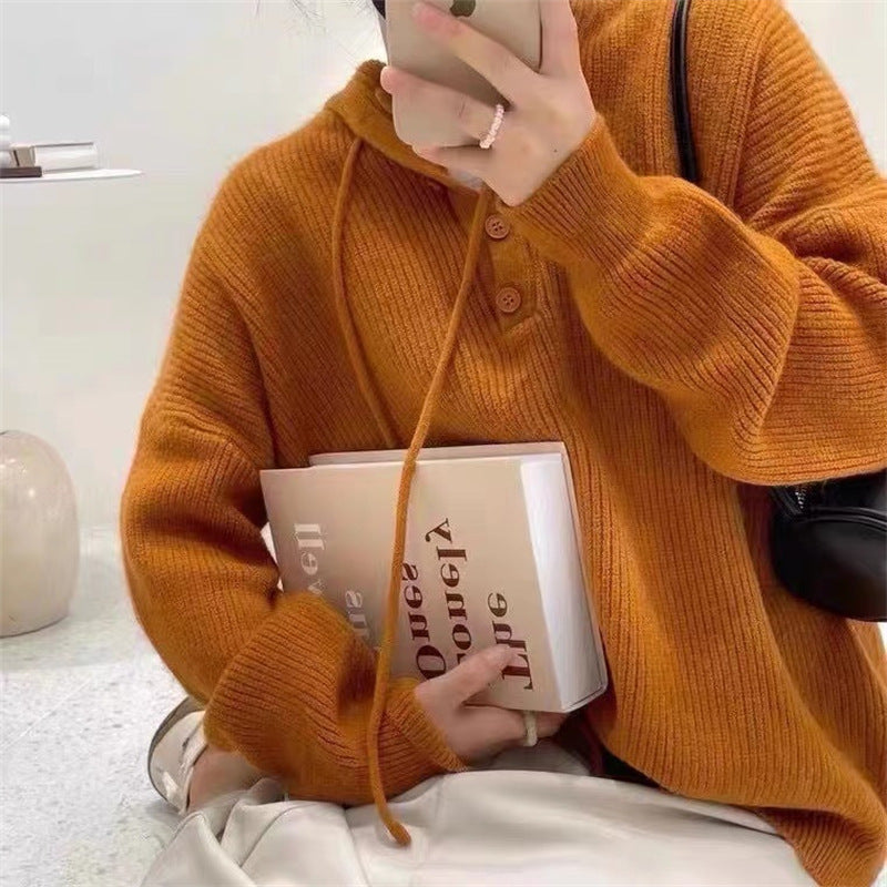 Women’s Hooded Rib-Knit Sweater – Relaxed Button-Neck Pullover for Cosy Everyday Layering
