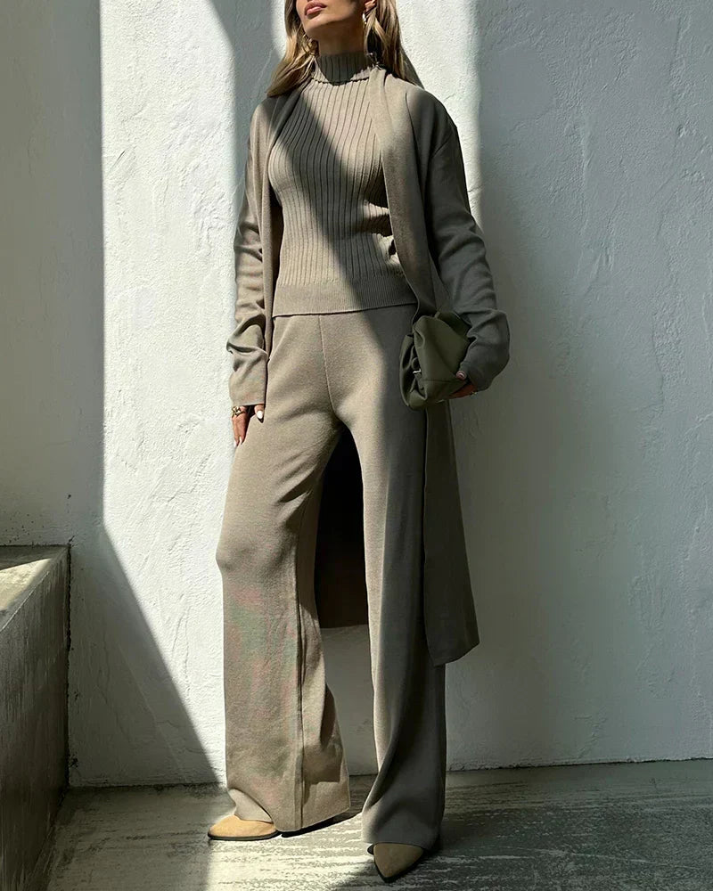 Women’s Three-Piece Knit Lounge Set – Sleeveless High-Neck Top Longline Cardigan and Wide-Leg Trousers for Autumn and Winter