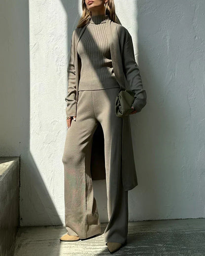 Women’s Three-Piece Knit Lounge Set – Sleeveless High-Neck Top Longline Cardigan and Wide-Leg Trousers for Autumn and Winter