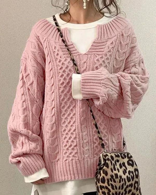 Women’s Oversized Jumper – Chunky Cable-Knit Jumper with V-Neck