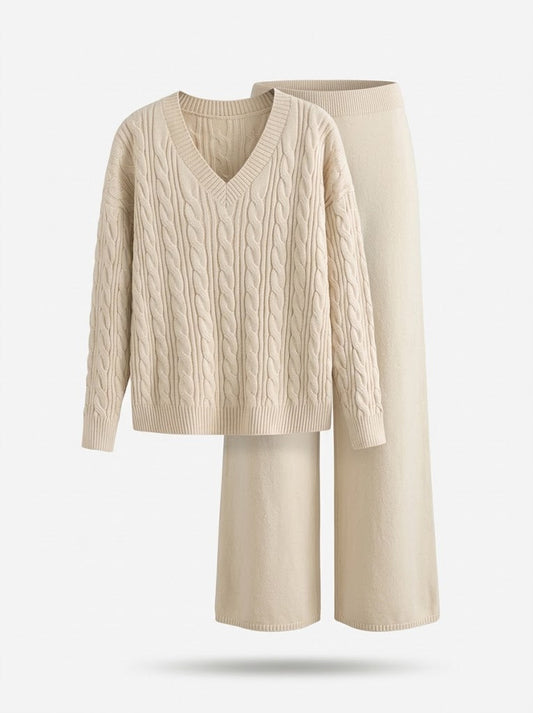 Women’s Cable-Knit Two-Piece Set – V-Neck Jumper with Stretch Wide-Leg Trousers for Autumn and Winter