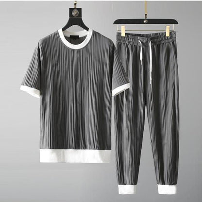 Men’s Pleated Two-Piece T-Shirt Set – Textured Crew-Neck Top with Relaxed Jogger Trousers