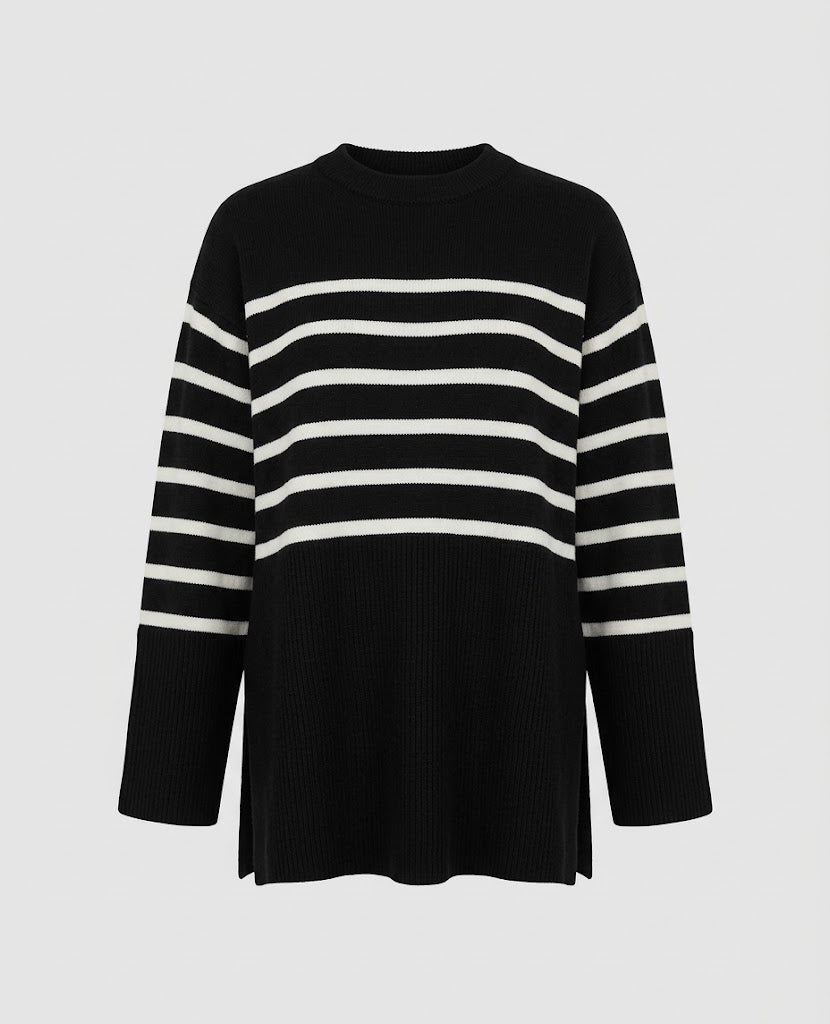 Women’s Striped Colour-Block Knit Sweater – Relaxed Longline Pullover for Modern Winter Layering