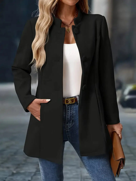 Women’s Longline Blazer – Open Front with Collarless Edge