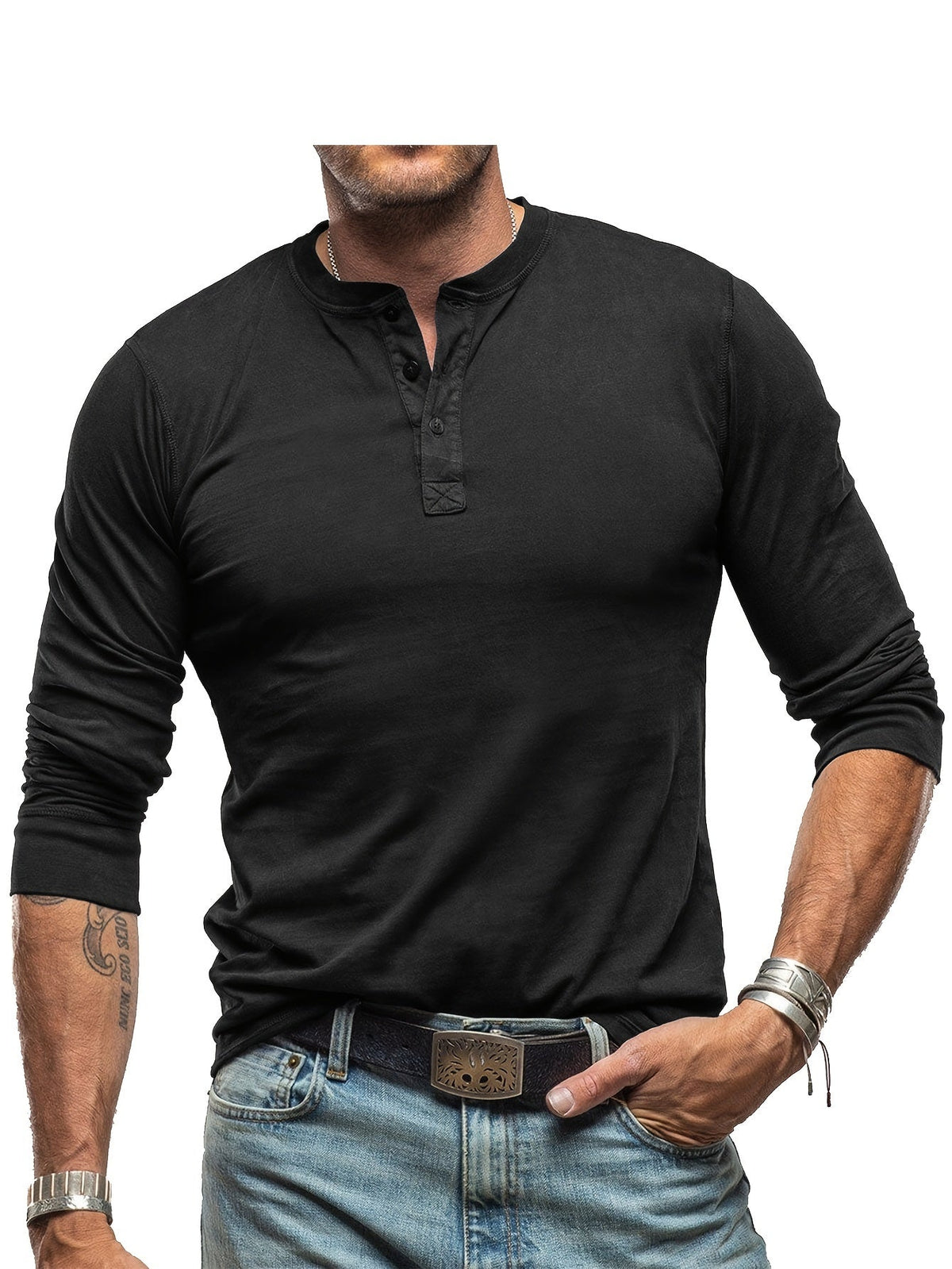 Men’s Long-Sleeve Henley T-Shirt – Stretch Casual Layer for Everyday Wear