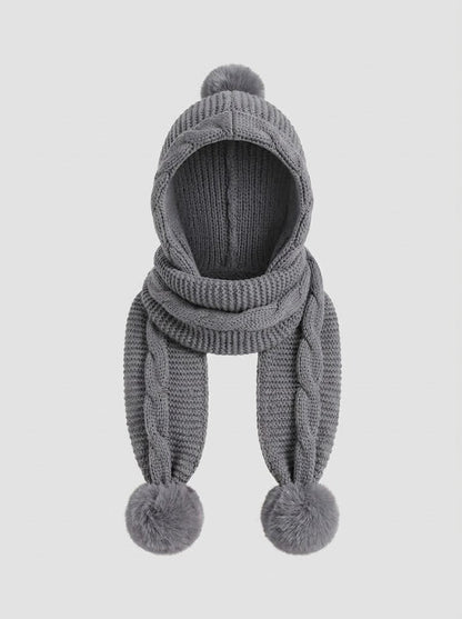 Women’s Knitted Hooded Scarf – Chunky Winter Wrap with Oversized Pom-Pom Ties