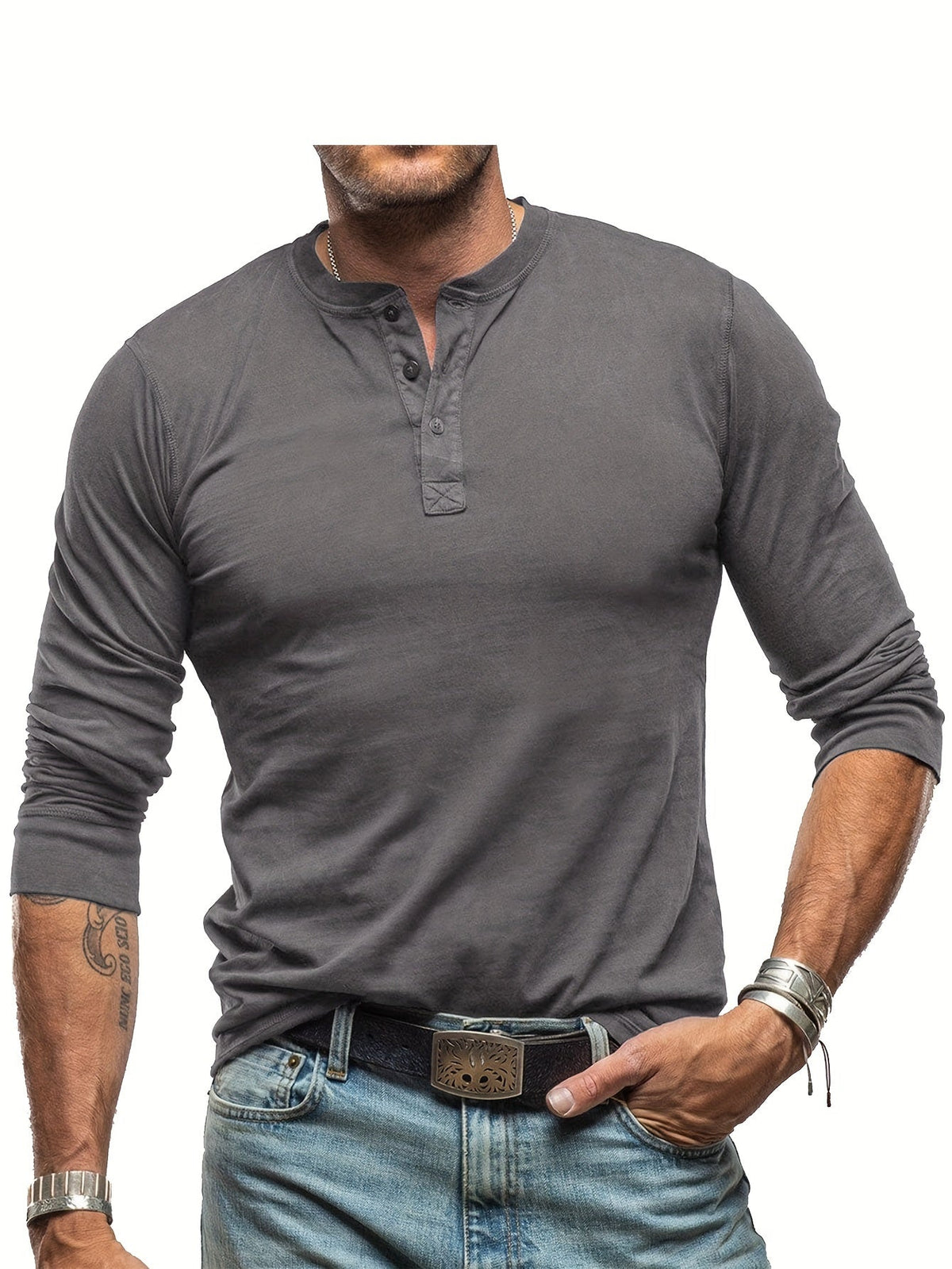 Men’s Long-Sleeve Henley T-Shirt – Stretch Casual Layer for Everyday Wear