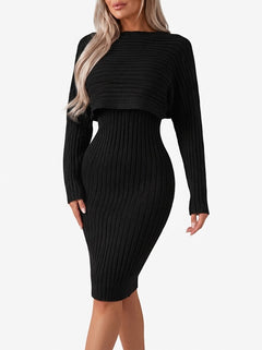 Women’s Ribbed Midi Skirt Co-Ord Set – Cropped Relaxed Long-Sleeve Top with Fitted Skirt for Work and City Wear