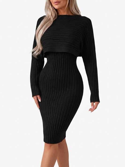 Women’s Ribbed Midi Skirt Co-Ord Set – Cropped Relaxed Long-Sleeve Top with Fitted Skirt for Work and City Wear