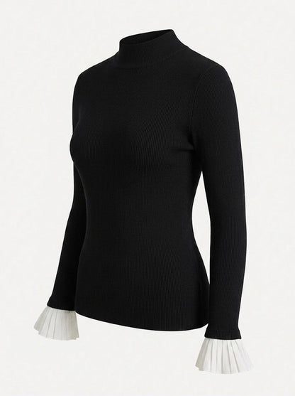 Women’s Fitted Mock Neck Top – Structured Shoulder Long-Sleeve Smart Casual Style