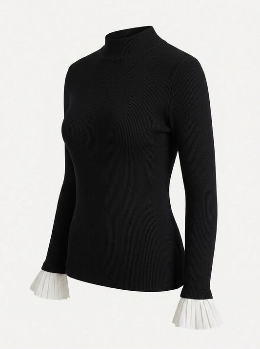 Women’s Fitted Mock Neck Top – Structured Shoulder Long-Sleeve Smart Casual Style