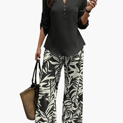 Women’s Two-Piece Set – V-Neck Blouse with Wide-Leg Palazzo Trousers