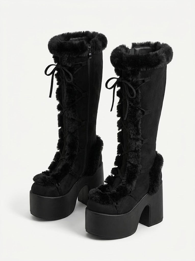 Women’s Suede Platform Knee-High Snow Boots – Plush-Lined Lace-Up Block-Heel Winter Boots