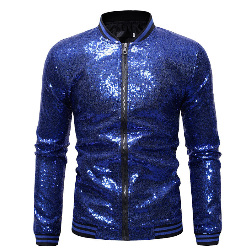 Men’s Sequin Bomber Jacket – Full-Zip Party Jacket with Ribbed Striped Trims for Statement Evening Wear