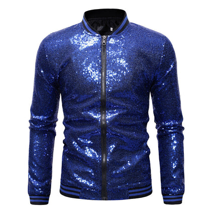 Men’s Sequin Bomber Jacket – Full-Zip Party Jacket with Ribbed Striped Trims for Statement Evening Wear