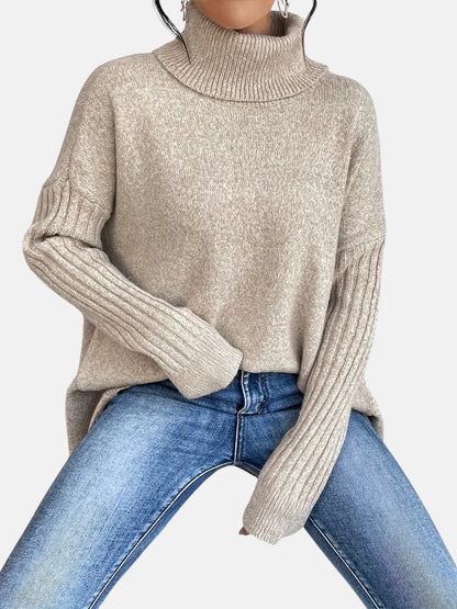 Women’s Oversized Roll-Neck Jumper – Batwing Sleeve Jumper with Dipped Hem