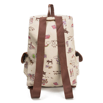 Children’s Cartoon Cat Canvas Backpack – Drawstring School Bag with Flap Closure and Side Pockets