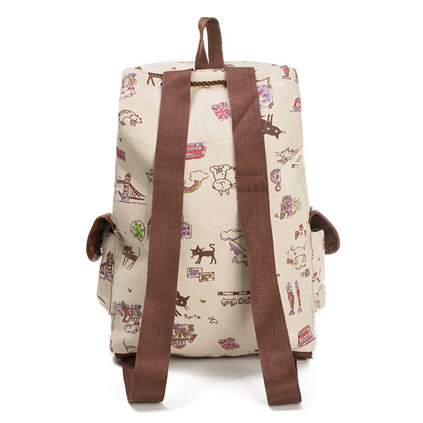 Children’s Cartoon Cat Canvas Backpack – Drawstring School Bag with Flap Closure and Side Pockets