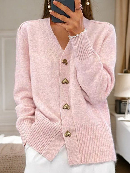 Women’s Heart-Button Knit Cardigan – Elegant V-Neck Layer for Everyday Styling