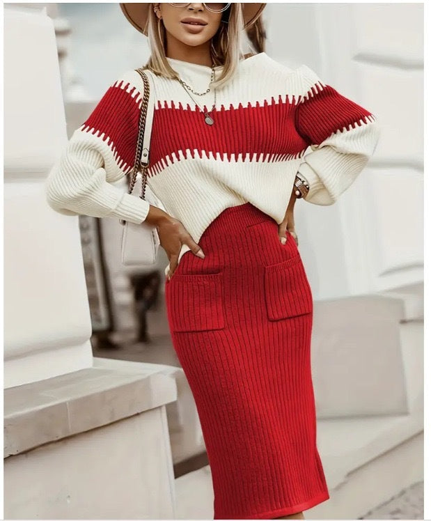 Women’s Rib-Knit Midi Skirt Co-Ord – Relaxed Long-Sleeve Pullover with Fitted High-Waist Skirt