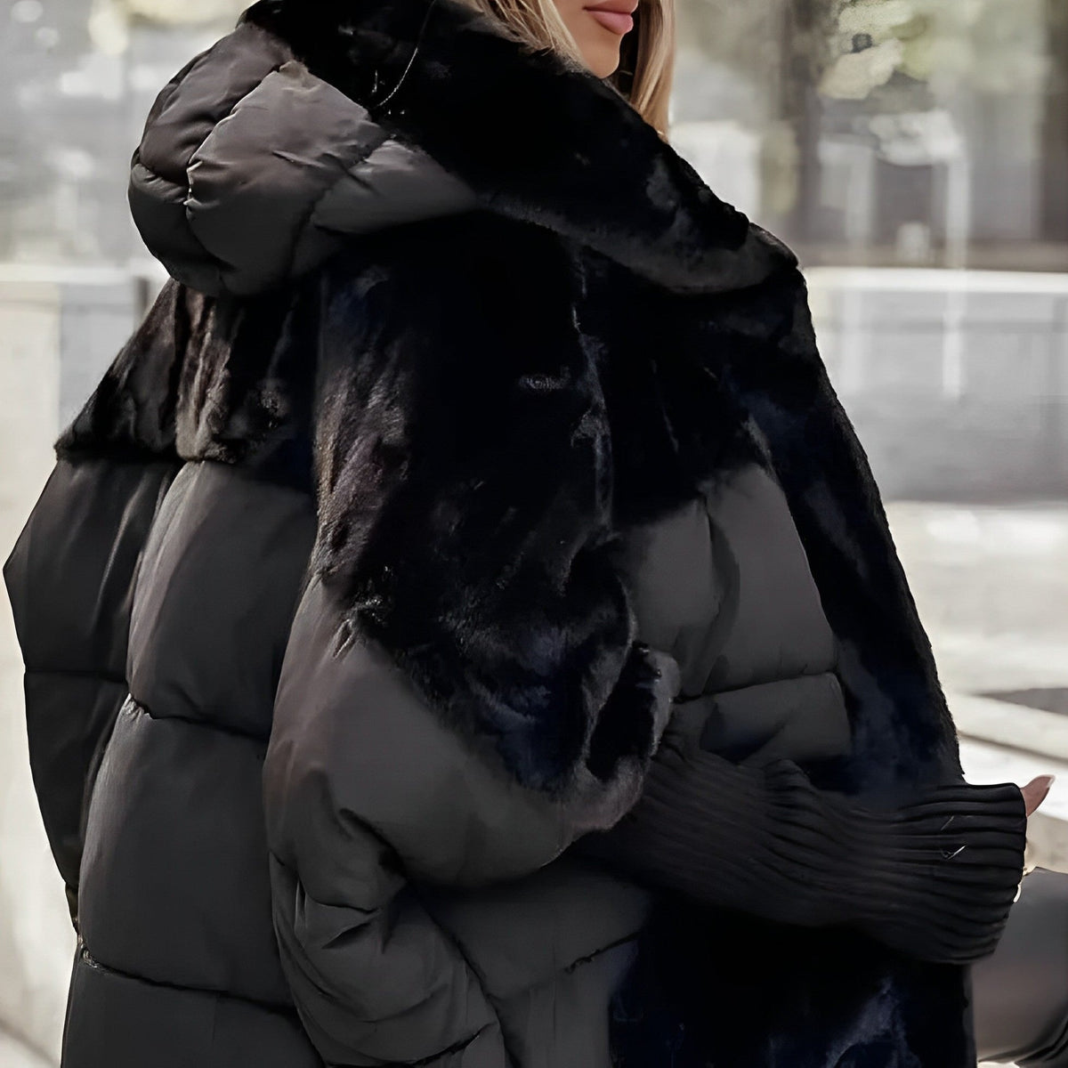 Women’s Faux Fur Panel Puffer Jacket – Plush Hooded Winter Layer for City Wear