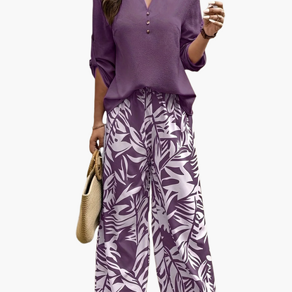 Women’s Two-Piece Set – V-Neck Blouse with Wide-Leg Palazzo Trousers