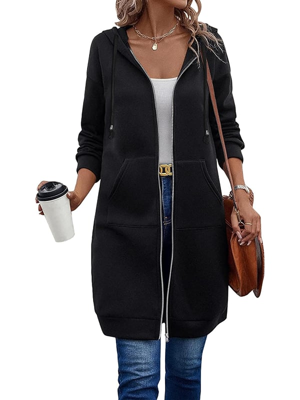 Women’s Longline Zip Hoodie – Knee-Length Brushed Hoodie with Drawcord