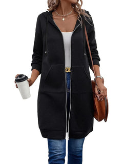 Women’s Longline Zip Hoodie – Knee-Length Brushed Hoodie with Drawcord