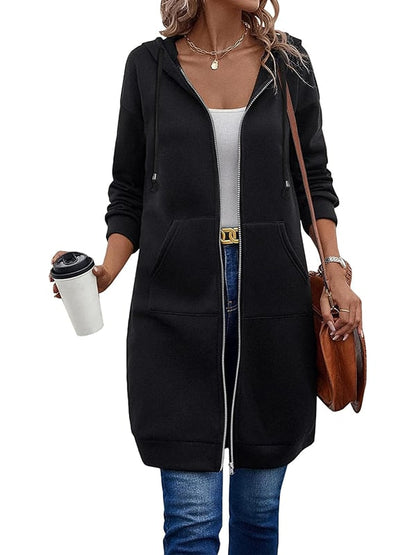 Women’s Longline Zip Hoodie – Knee-Length Brushed Hoodie with Drawcord