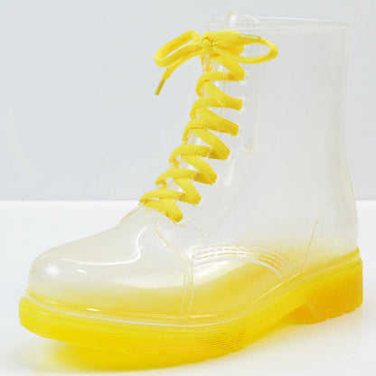 Women’s Transparent Lace-Up Rain Boots – Waterproof PVC Ankle Boots with Non-Slip Sole