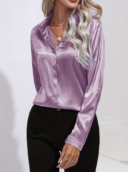Women’s Satin Collared Blouse – Lustrous Long-Sleeve Style for Office and Evening Dressing