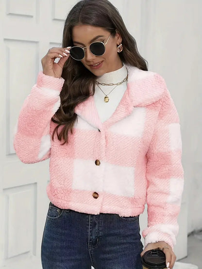 Women’s Checked Teddy Fleece Jacket – Soft Button-Front Winter Layer with Wide Collar for Cosy Everyday Styling
