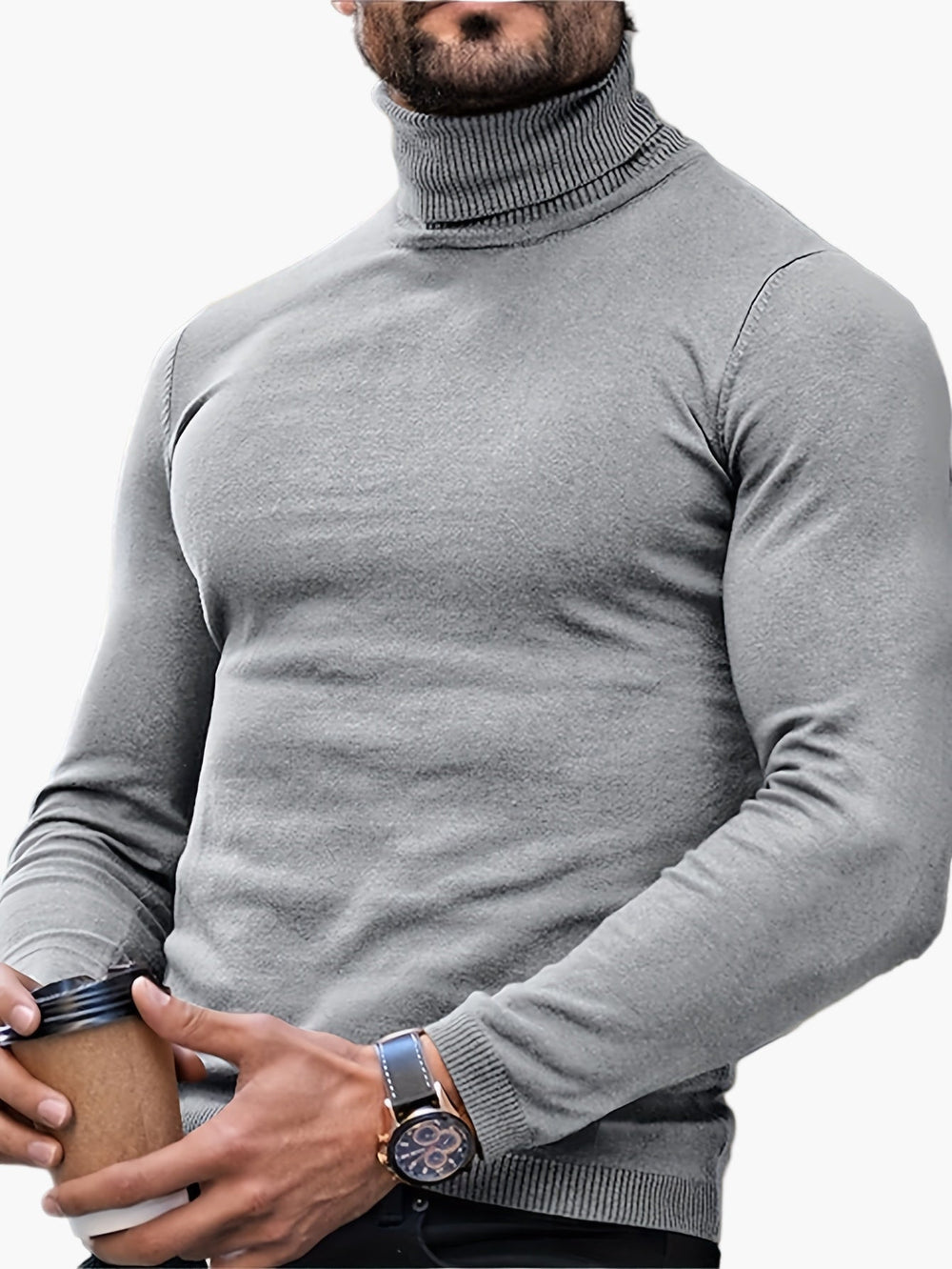 Men’s Slim Fit Roll-Neck Jumper – Stretch Knit, Machine Washable