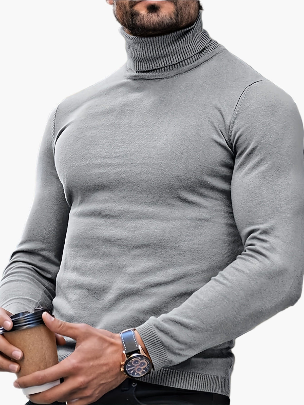 Men’s Slim Fit Roll-Neck Jumper – Stretch Knit, Machine Washable