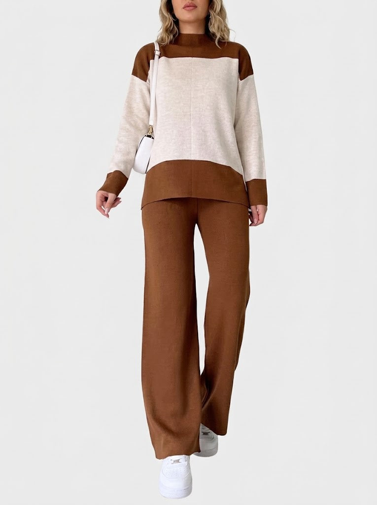 Women’s Colour-Block Knit Co-Ord Set – High-Neck Long-Sleeve Top with Wide-Leg Trousers for Casual Wear