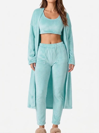 Women’s Plush Three-Piece Loungewear Set – Cropped Tank Top with Longline Cardigan and Elasticated Trousers for Home and Travel