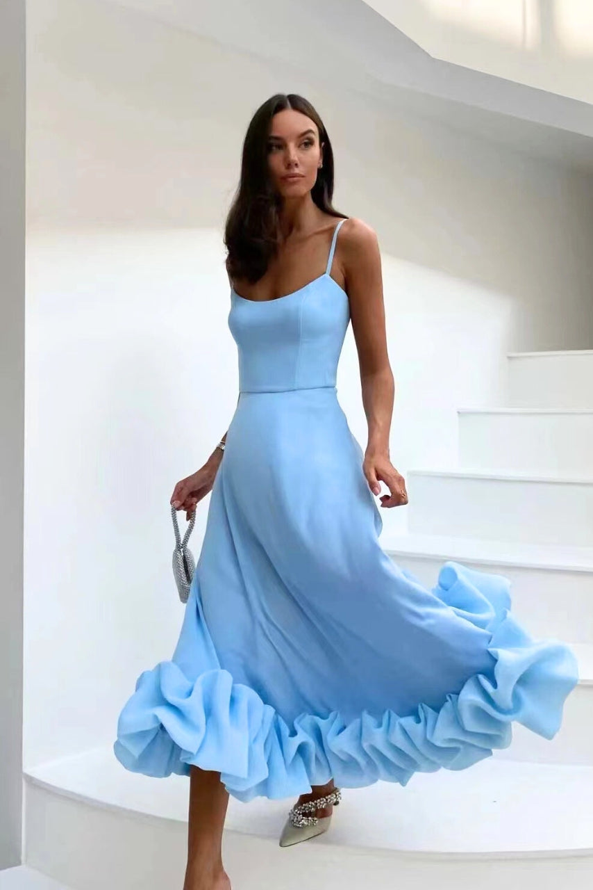 Women’s Ruffle Hem Maxi Dress – Elegant Spaghetti Strap Wedding Guest Style