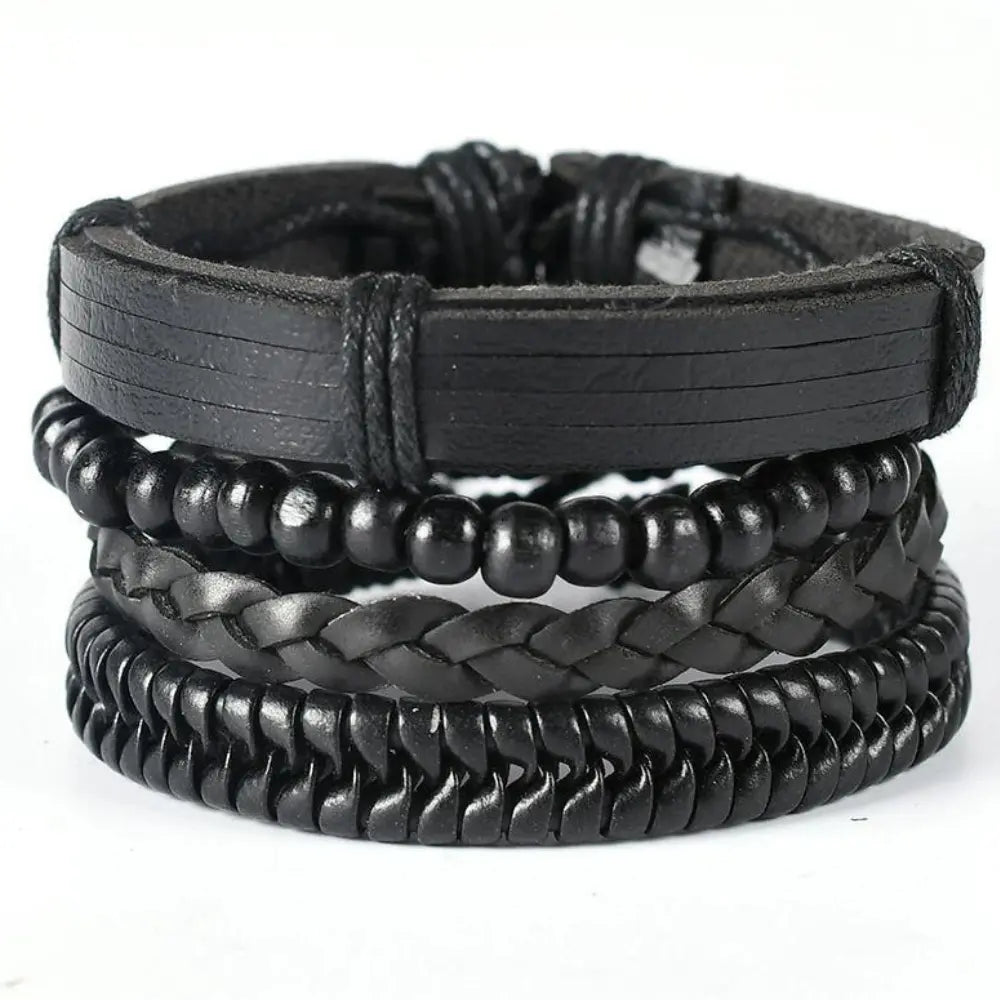 Men’s Braided Leather Wrap Bracelet Set – Layered Beaded Wristwear for Everyday Styling