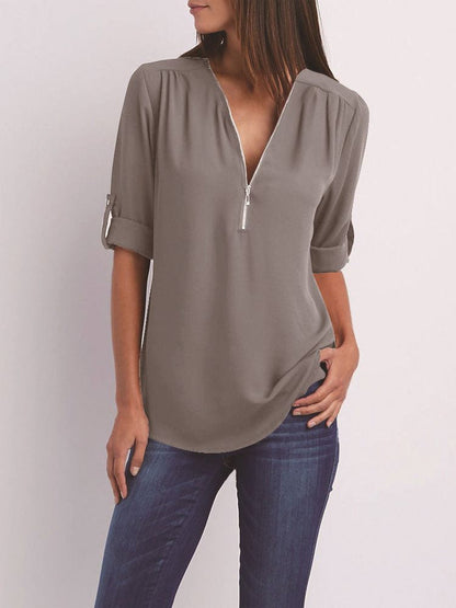 Women’s Zip-Neck Relaxed Blouse – Roll-Tab Sleeve Style for Everyday Wear