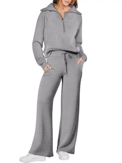 Women’s Half-Zip Leisure Co-Ord – Collared Pullover with Drawstring Wide-Leg Trousers for Casual Wear