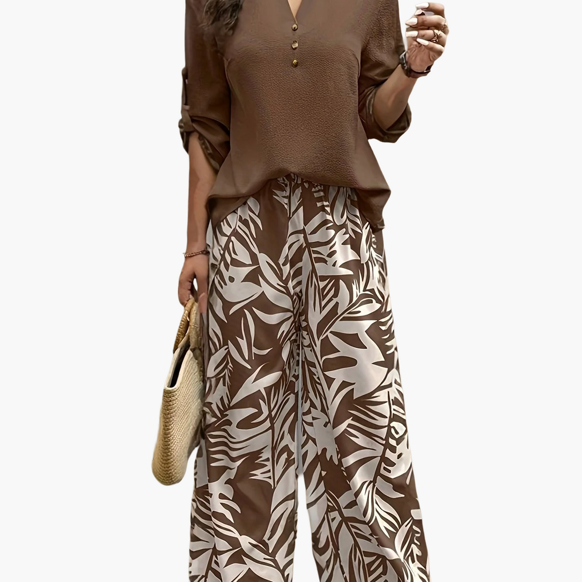 Women’s Two-Piece Set – V-Neck Blouse with Wide-Leg Palazzo Trousers