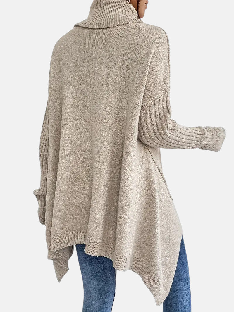 Women’s Oversized Roll-Neck Jumper – Batwing Sleeve Jumper with Dipped Hem