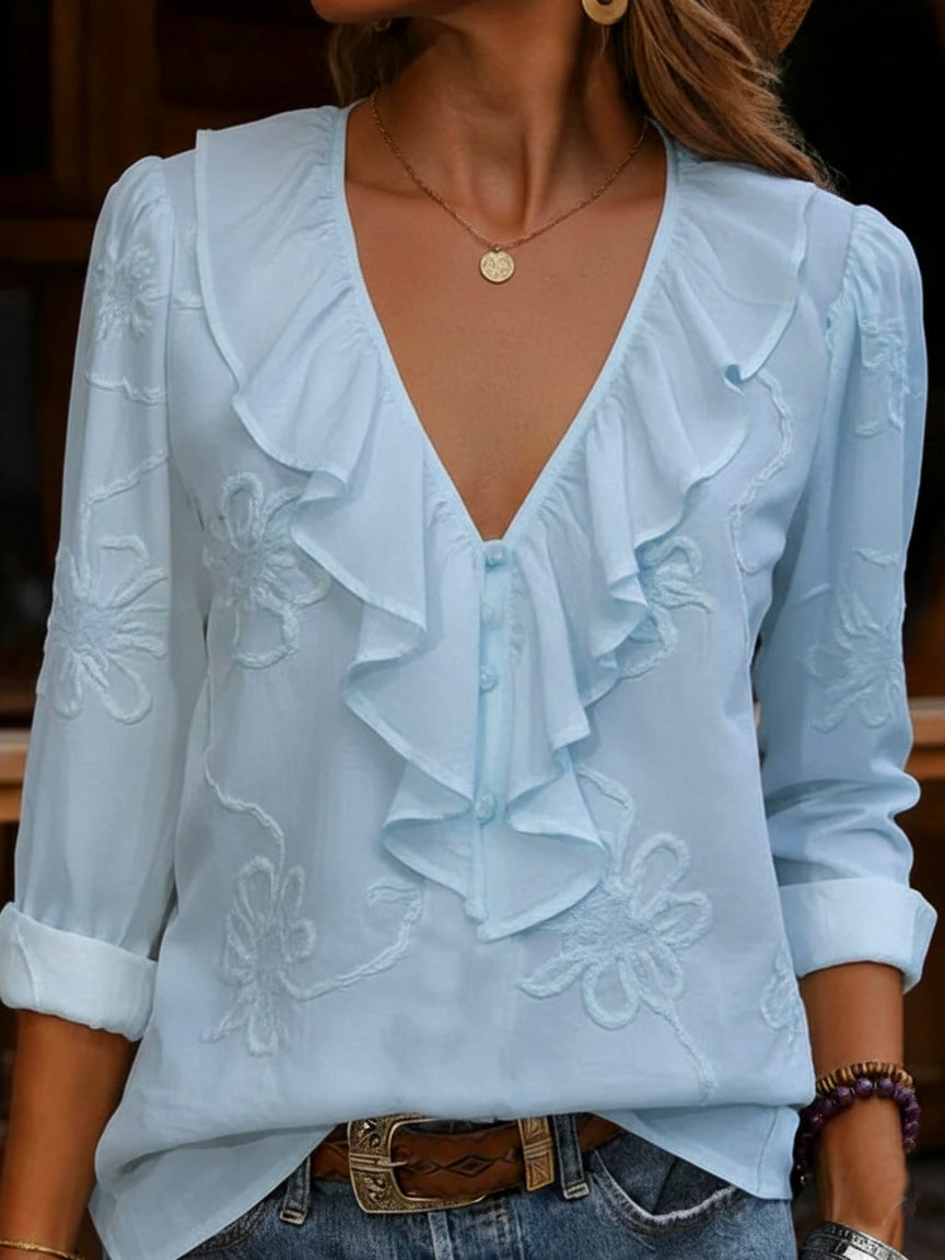 Women’s Ruffle Blouse – V-Neck Blouse with Tonal Floral Embroidery