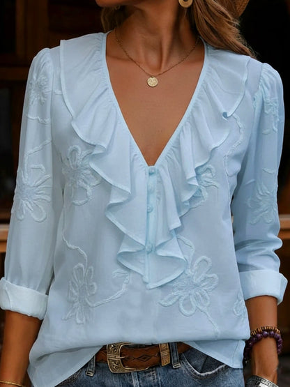 Women’s Ruffle Blouse – V-Neck Blouse with Tonal Floral Embroidery