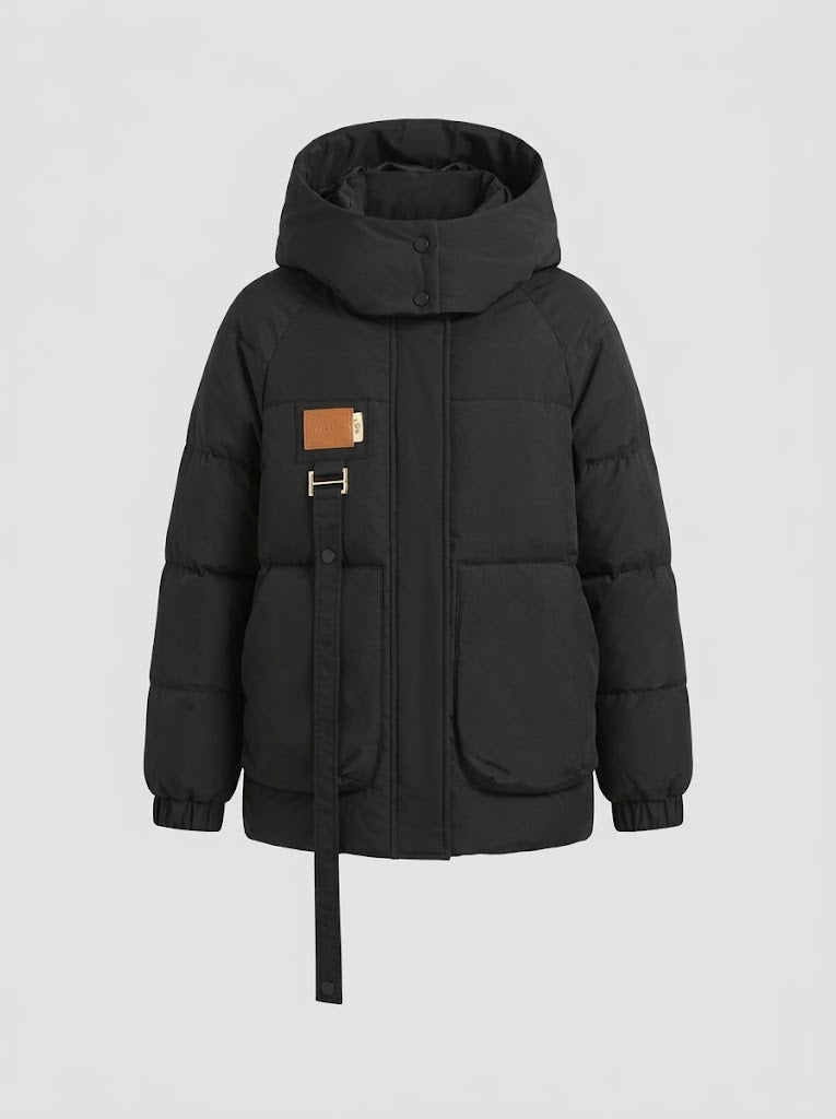 Women’s Oversized Hooded Puffer Coat – High-Collar Insulated Winter Jacket with Utility Pockets