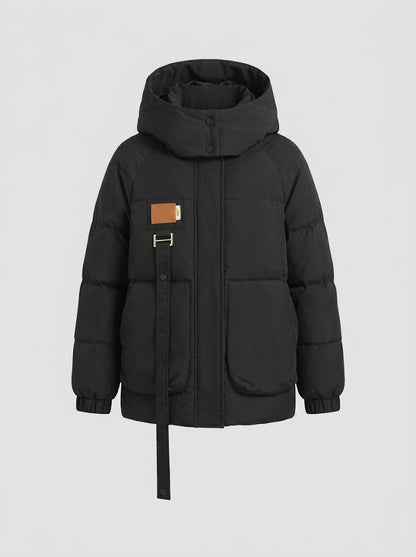 Women’s Oversized Hooded Puffer Coat – High-Collar Insulated Winter Jacket with Utility Pockets