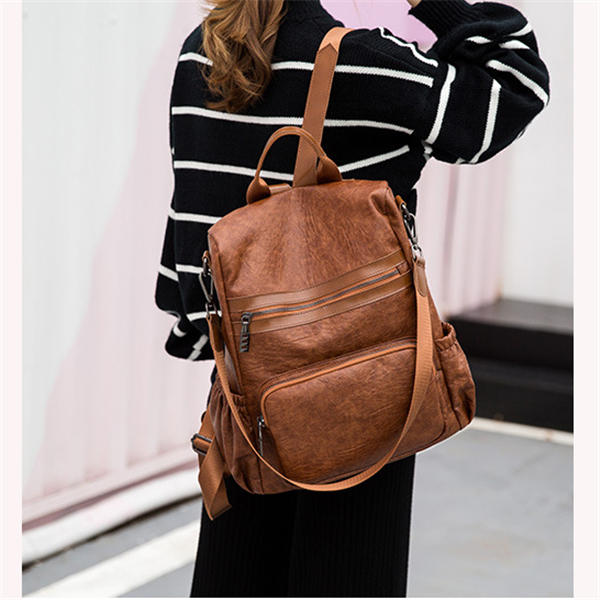 Women’s Vintage PU-Leather Convertible Backpack – Multi-Zip Shoulder Bag with Adjustable Carrying Straps